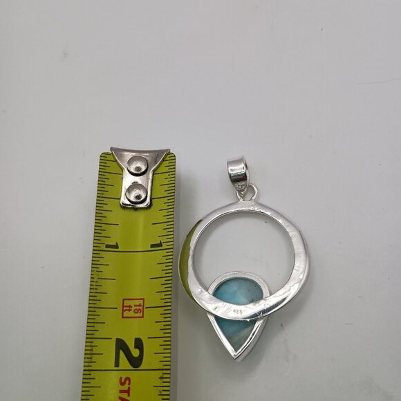 Blue Larimar Dolphin Stone Sterling Silver Pendant Circle Raindrop Teardrop - Picture 4 of 5
